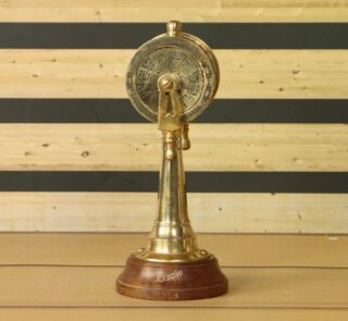 Main product image of a vintage-style brass ship's engine order telegraph with a wooden base, shown from the front.