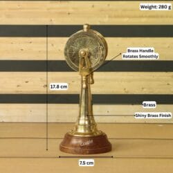 Product image of the brass telegraph with dimensions showing a height of 17.8 cm, base width of 7.5 cm, and weight of 280g.