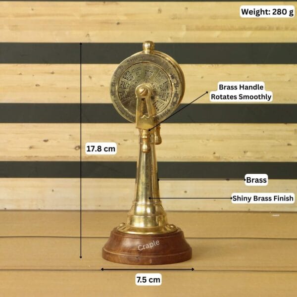 Product image of the brass telegraph with dimensions showing a height of 17.8 cm, base width of 7.5 cm, and weight of 280g.