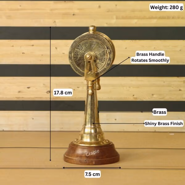 Product image of the brass telegraph with dimensions showing a height of 17.8 cm, base width of 7.5 cm, and weight of 280g.