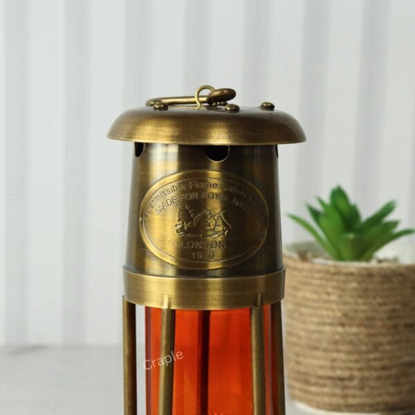 Orange Glow Nautical Lantern-6 The brass nautical lantern used as a decorative piece for maritime-themed home decor, placed next to a plant.