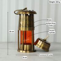Image of the brass oil lamp with labeled dimensions: 16 cm height, 6 cm width, and 340g weight.