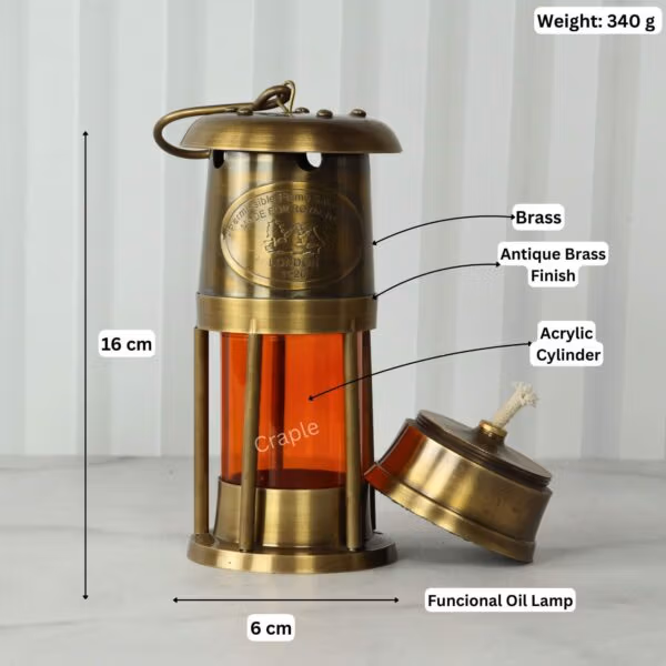 Image of the brass oil lamp with labeled dimensions: 16 cm height, 6 cm width, and 340g weight.