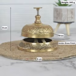 Image of the brass reception bell with dimensions showing 9 cm height, 9 cm width, and 340g weight.