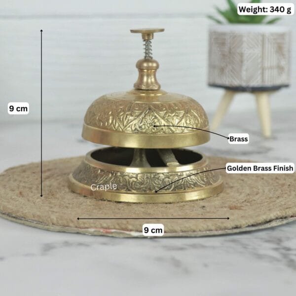 Ornate Brass Service Bell-6 Image of the brass reception bell with dimensions showing 9 cm height, 9 cm width, and 340g weight.