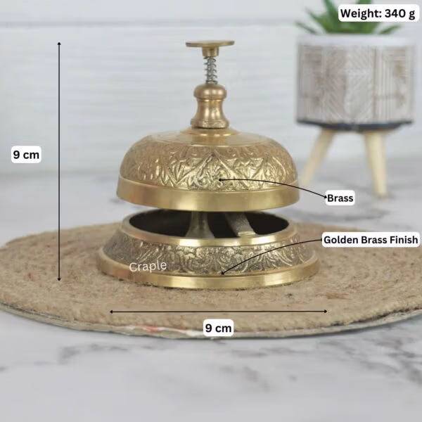 Image of the brass reception bell with dimensions showing 9 cm height, 9 cm width, and 340g weight.