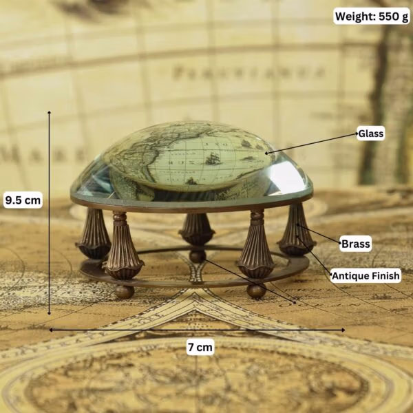 Paperweight Brass Desk Magnifier-6 Image of the brass dome magnifier and stand with labeled dimensions: 9.5 cm height, 7 cm width, and 550g weight.