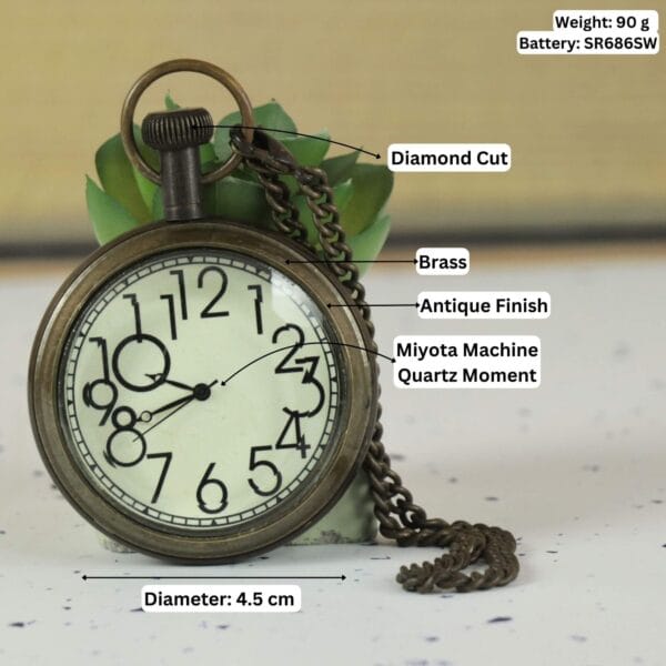 Informational image of the pocket watch with labeled features: 4.5 cm diameter, antique brass, and Miyota quartz movement.