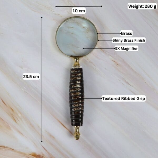 Product image of the magnifier with labeled dimensions: 23.5 cm length, 10 cm lens, 280g weight, and 5X magnification.