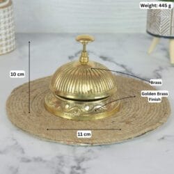 Image of the brass call bell with dimensions showing 10 cm height, 11 cm width, and 445g weight.