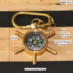 Image of the brass shipwheel keychain with labeled dimensions showing 11.5 cm length and 25g weight.