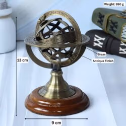 Image of the small armillary sphere with dimensions showing 13 cm height, 9 cm width, and 260g weight.