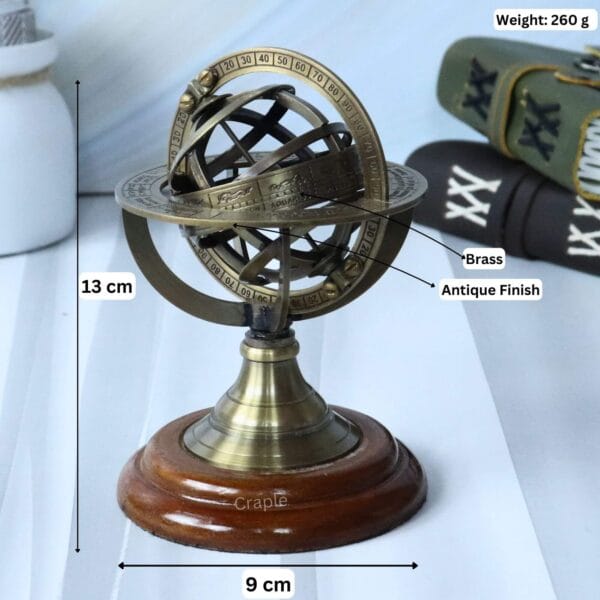 Image of the small armillary sphere with dimensions showing 13 cm height, 9 cm width, and 260g weight.