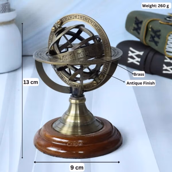 Image of the small armillary sphere with dimensions showing 13 cm height, 9 cm width, and 260g weight.