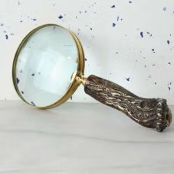 Close-up of a decorative magnifying glass with a 5X lens, shiny brass rim, and a highly detailed, textured tree trunk style handle.