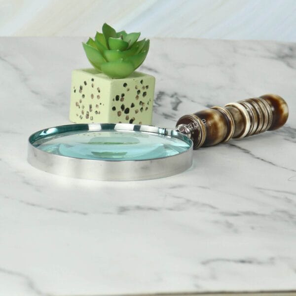 Handheld magnifier with a turned resin handle and nickel frame lying on a white marble desk next to a plant.