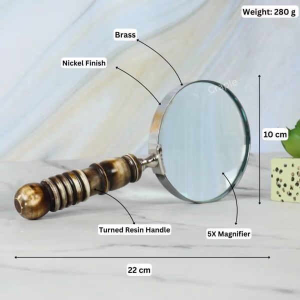Image showing the magnifying glass specifications: 22 cm long, 10 cm lens, 280g weight, 5X magnifier, with a nickel finish and turned resin handle.
