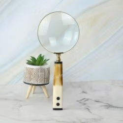 A tall, elegant magnifying glass with a two-tone handle standing upright on a desk next to a small plant.