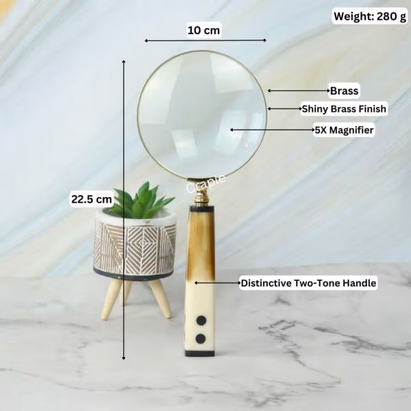 Image of the domino-handle magnifier with labeled dimensions: 22.5 cm length, 10 cm lens diameter, 280g weight, and 5X magnification.