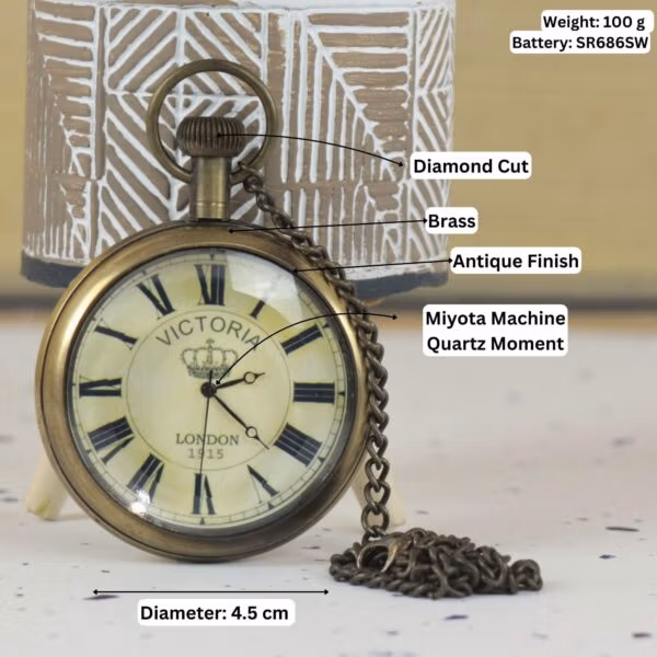 Image of the pocket watch with labeled specifications: 4.5 cm diameter, brass, antique finish, and quartz movement.