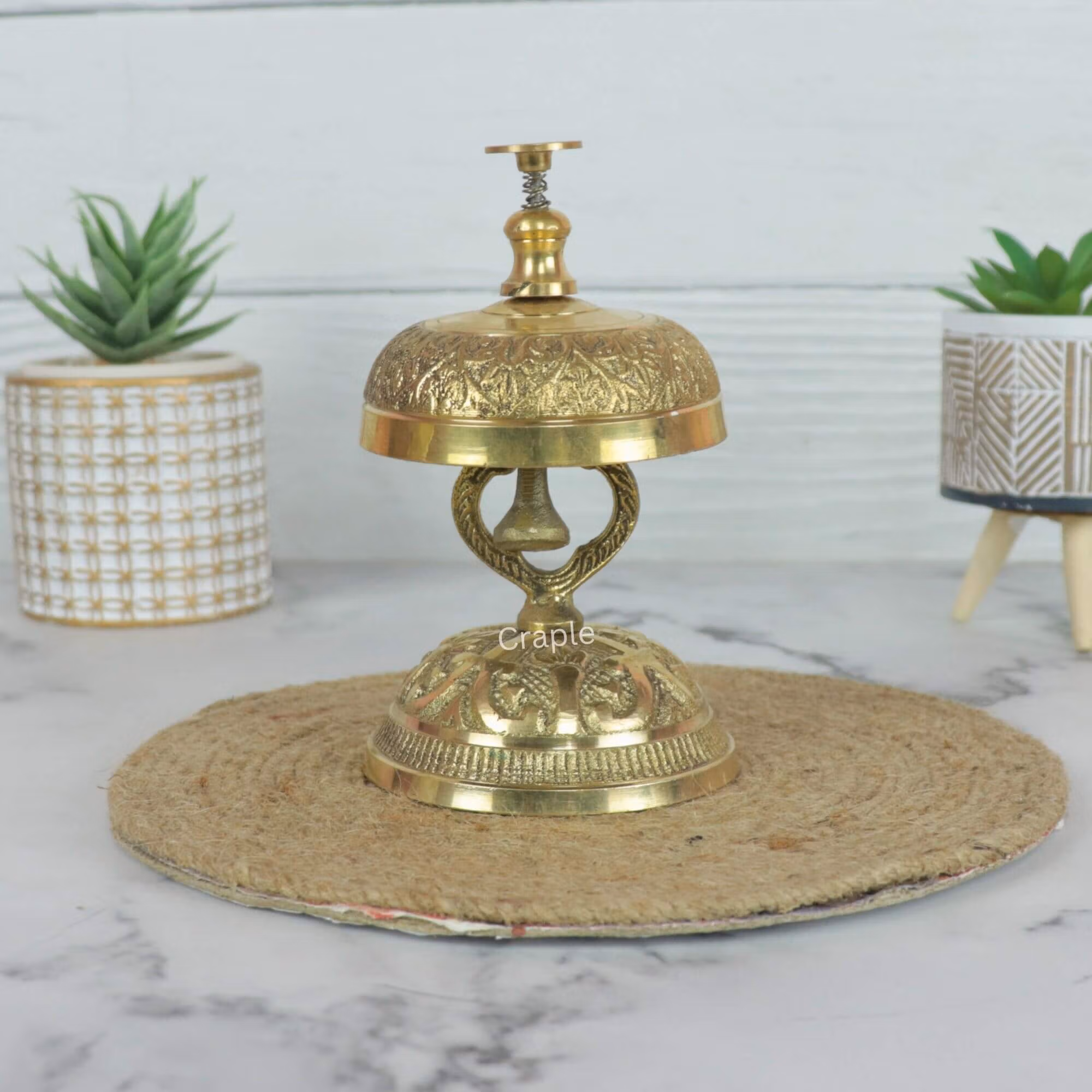 Vintage Handcraft Brass Made Call Bell-1 Vintage handcrafted brass call bell with an engraved top and ornate stand, for hotel or reception desk decor.