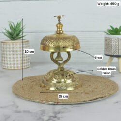 Image of the vintage brass call bell with labeled dimensions: 10 cm height, 15 cm width, and 490g weight.