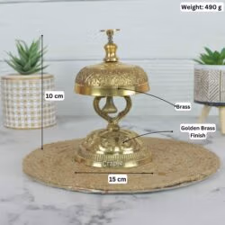 Image of the vintage brass call bell with labeled dimensions: 10 cm height, 15 cm width, and 490g weight.