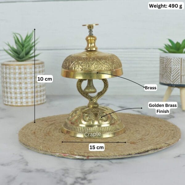 Vintage Handcraft Brass Made Call Bell-6 Image of the vintage brass call bell with labeled dimensions: 10 cm height, 15 cm width, and 490g weight.