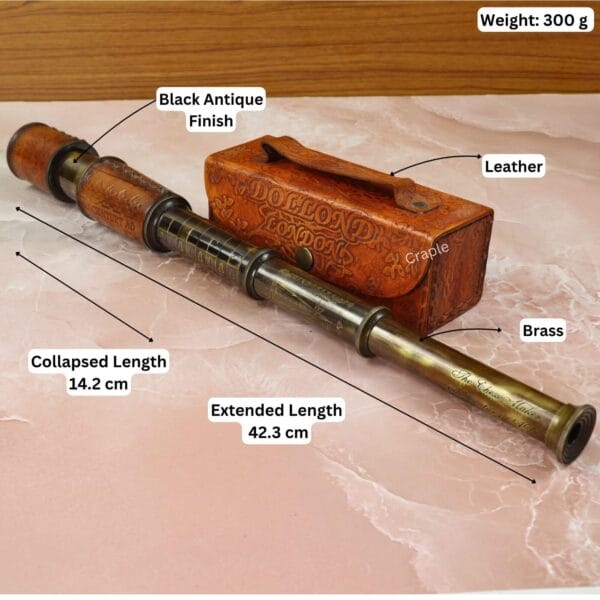 Informational image of the vintage brass telescope showing its dimensions: 14.2 cm collapsed, 42.3 cm extended, and 300g weight.