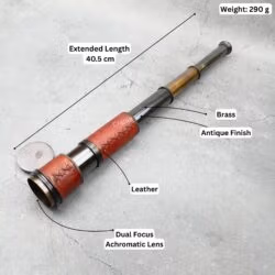 Image of the brass telescope with labeled features: 40.5 cm extended length, brass, leather, and dual focus lens.