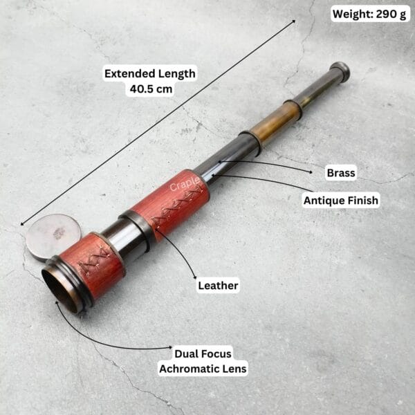 Image of the brass telescope with labeled features: 40.5 cm extended length, brass, leather, and dual focus lens.