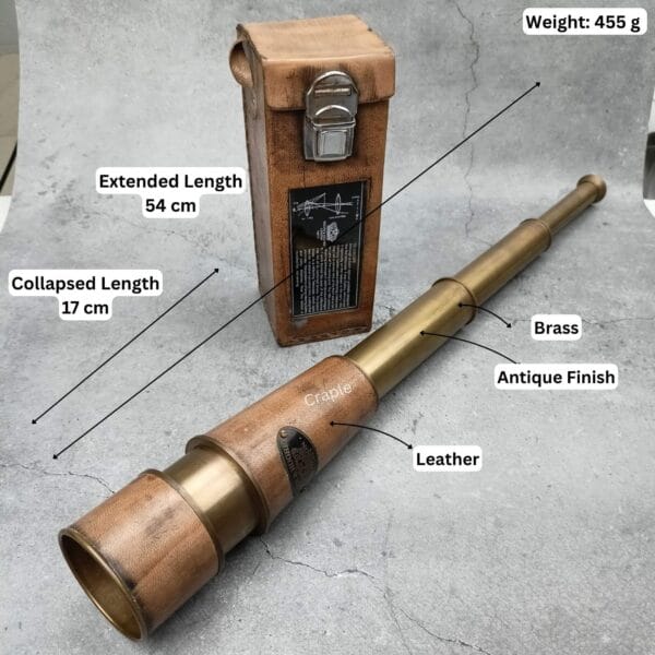 Image of the brass telescope and case with dimensions labeled: 54 cm extended, 17 cm collapsed, and 455g weight.