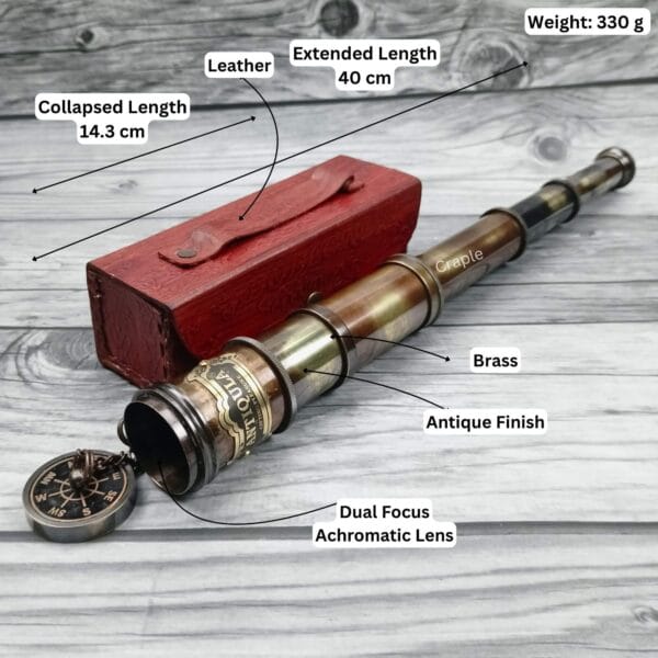 Image of the Royal Navy telescope with its specifications labeled: 40 cm extended length, antique finish, and brass construction.