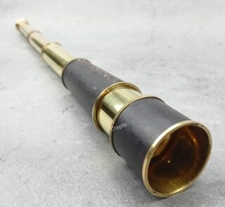 Vintage nautical telescope with a leather-wrapped body and a shiny brass finish, shown fully extended.