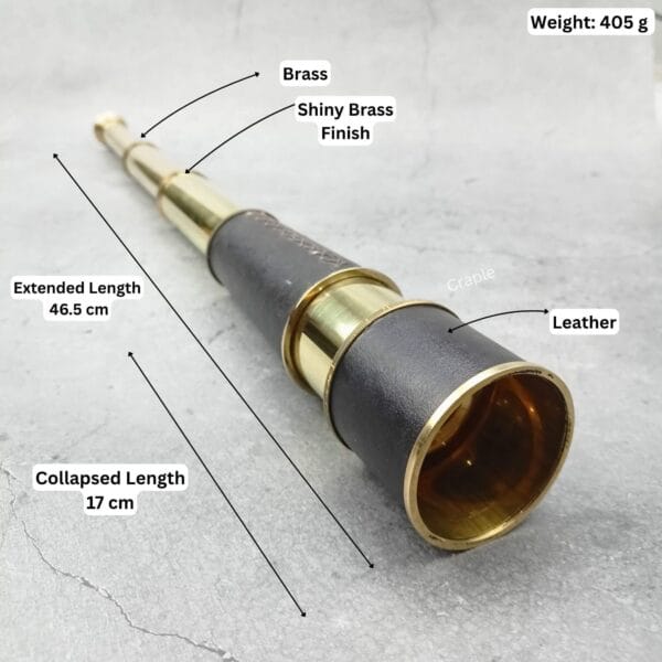 Image of the brass spyglass with specifications labeled: 46.5 cm extended, 17 cm collapsed, and 405g weight.