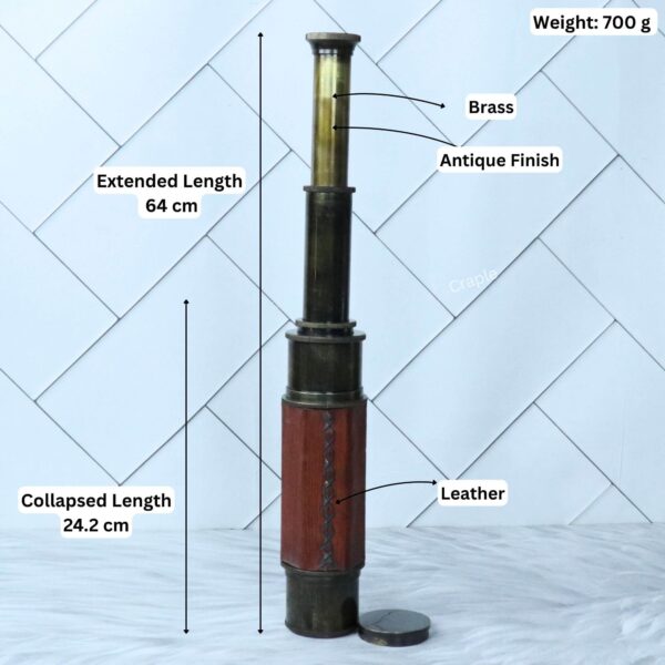 Image of the spyglass with dimensions: 64 cm extended length, 24.2 cm collapsed length, and 700g weight.
