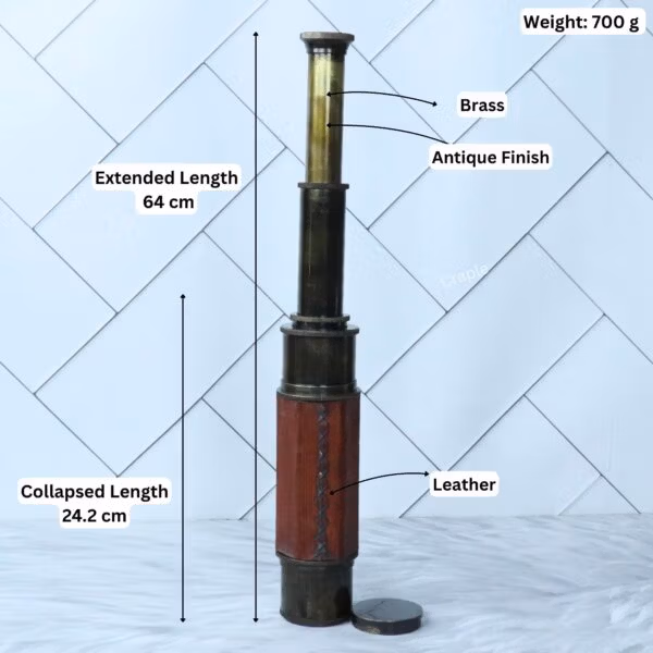Image of the spyglass with dimensions: 64 cm extended length, 24.2 cm collapsed length, and 700g weight.