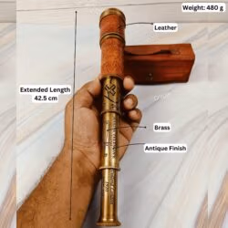 Image of the brass telescope with its specifications labeled: 42.5 cm extended length, 480g weight, and leather/brass materials.