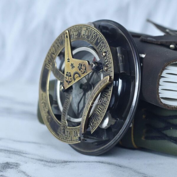 Antique Brass-Silver Sundial Compass-6 Rear angled view of the brass and silver navigational sundial compass, highlighting its sturdy build.