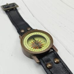 Antique Brass Wrist Compass | Engraved Ship, Leather Strap, Vintage Nautical Style | Wearable Explorer Gift - Image 4