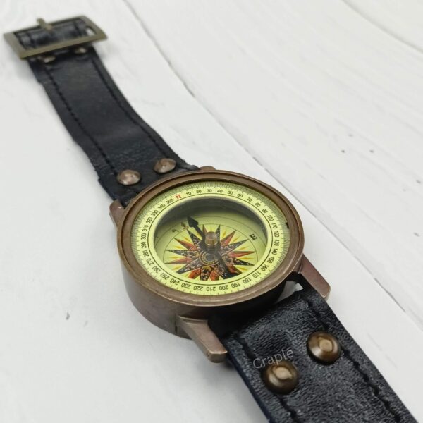 Antique Brass Wrist Compass | Engraved Ship, Leather Strap, Vintage Nautical Style | Wearable Explorer Gift - Image 4
