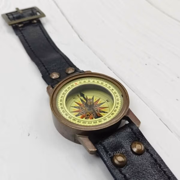 Antique Brass Wrist Compass | Engraved Ship, Leather Strap, Vintage Nautical Style | Wearable Explorer Gift - Image 4