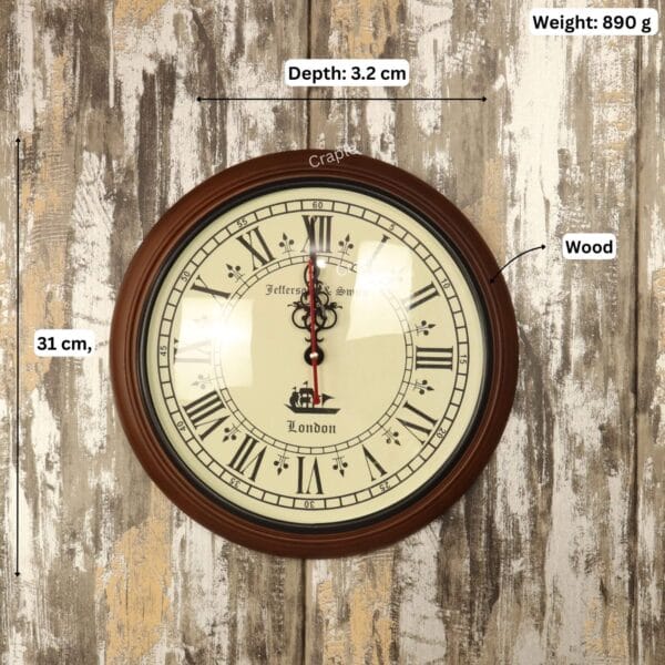 Image of the vintage wall clock with its dimensions labeled: 31 cm diameter, 3.2 cm depth, and 890g weight.