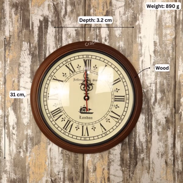 Image of the vintage wall clock with its dimensions labeled: 31 cm diameter, 3.2 cm depth, and 890g weight.