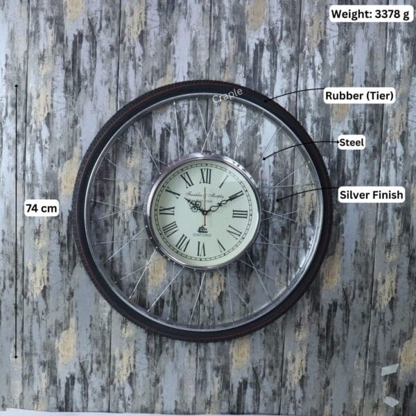 Bicycle Rim & Tire Steel Wall Clock-5 Image of the bicycle wheel clock with dimensions labeled: 74 cm diameter and 3378g weight.