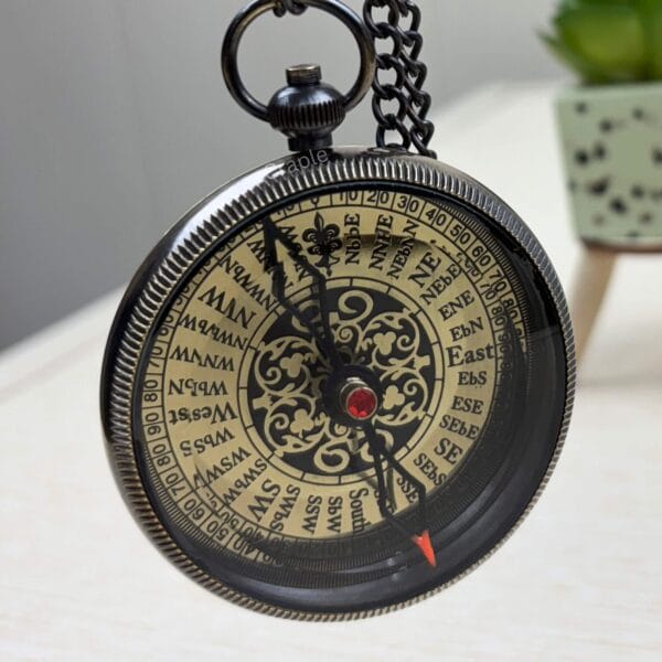Angled view of the black antique brass compass, highlighting the ornate compass rose and cardinal directions.
