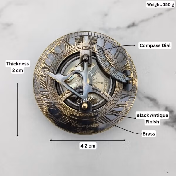 Black antique brass sundial compass with its dimensions labeled, showing a 4.2 cm diameter, 2 cm thickness, and 150g weight.