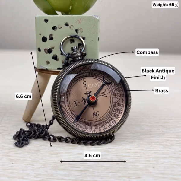 Black antique brass compass with its dimensions labeled, showing a 4.5 cm diameter, 6.6 cm height, and 65g weight.