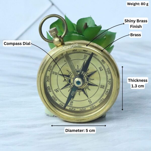 Classic Open Face Pocket Compass-6 Brass pocket compass with its specifications labeled: 5 cm diameter, 1.3 cm thickness, and 80g weight.