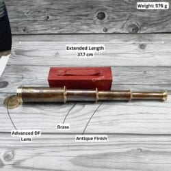 Image of the extended brass telescope with specifications: 37.7 cm length, 576g weight, brass material, and antique finish.
